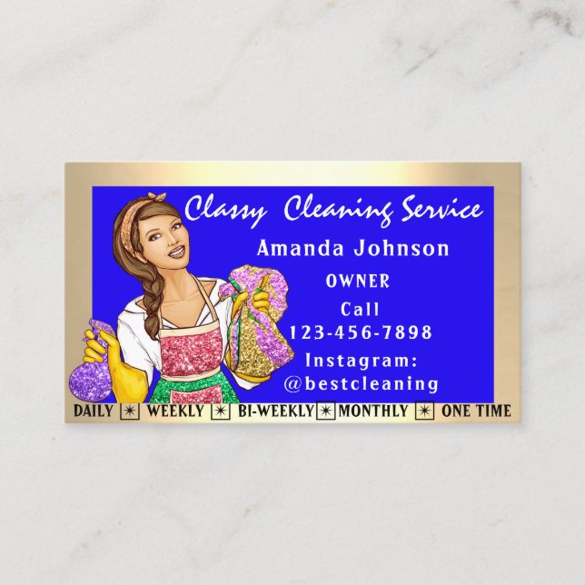 Classy House Office Cleaning Services Maid Blue Business Card (Front)