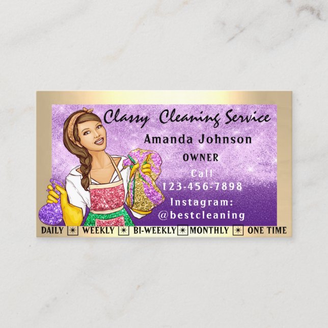 Classy House Office Cleaning Services Maid Purple Business Card (Front)