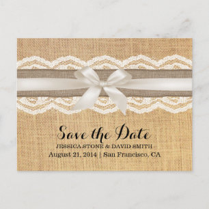 Classy Ivory Ribbon Lace & Burlap Save the Date Announcement Postcard