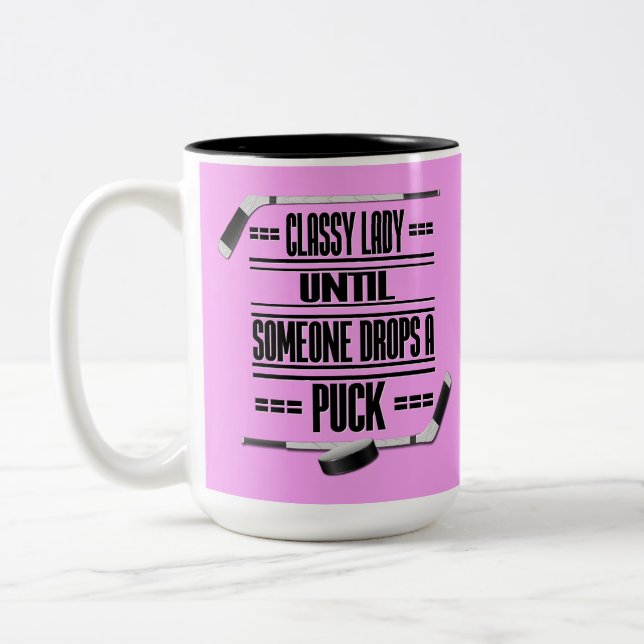 Classy Lady Hockey Humour Pink Two-Tone Coffee Mug (Left)