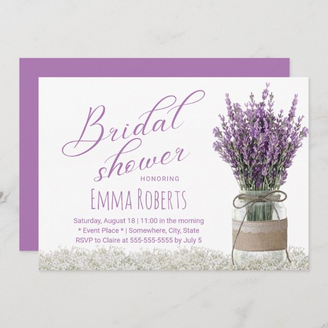 Classy Lavender Flower Mason Jar Bridal Shower Invitation (Front/Back)