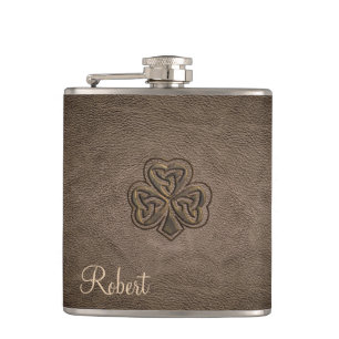 Classy leather lucky shamrock personalised hip flask