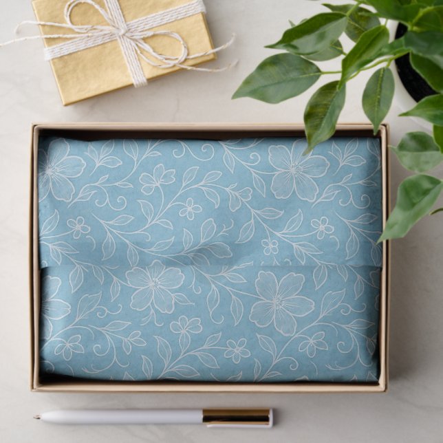 Classy Leaves Floral Art Pattern On Azure Blue Tissue Paper (Gift)
