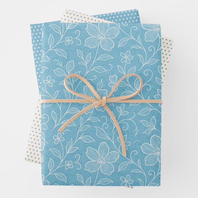 Classy Leaves Floral Art Pattern On Azure Blue Wrapping Paper Sheet (In situ)