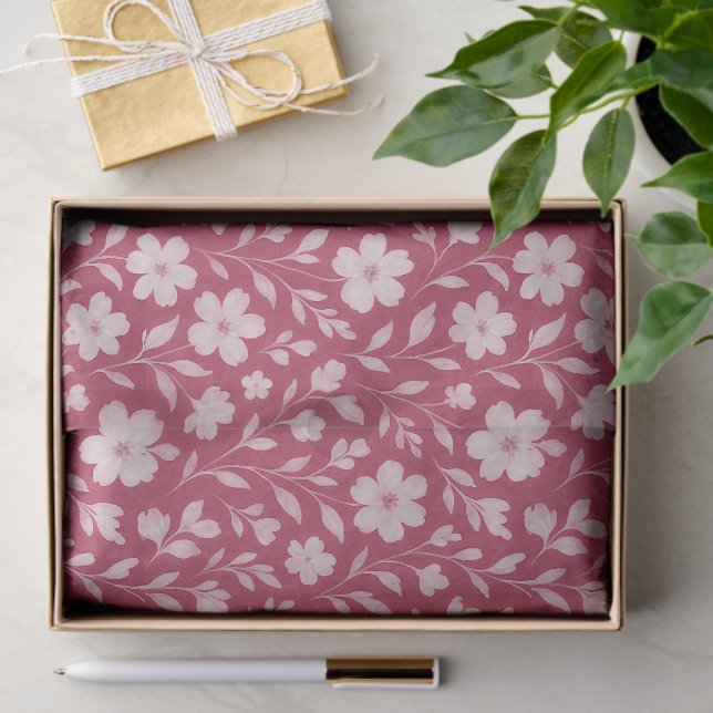 Classy Leaves Floral Art Pattern On Dark Pink Tissue Paper (Gift)