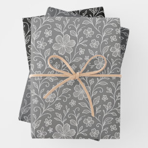 Classy Leaves Floral Art Pattern On Gray And Black Wrapping Paper Sheet