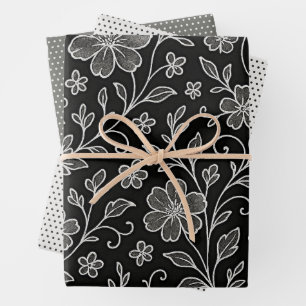 Classy Leaves Floral Art Pattern On Gray Black Wrapping Paper Sheet