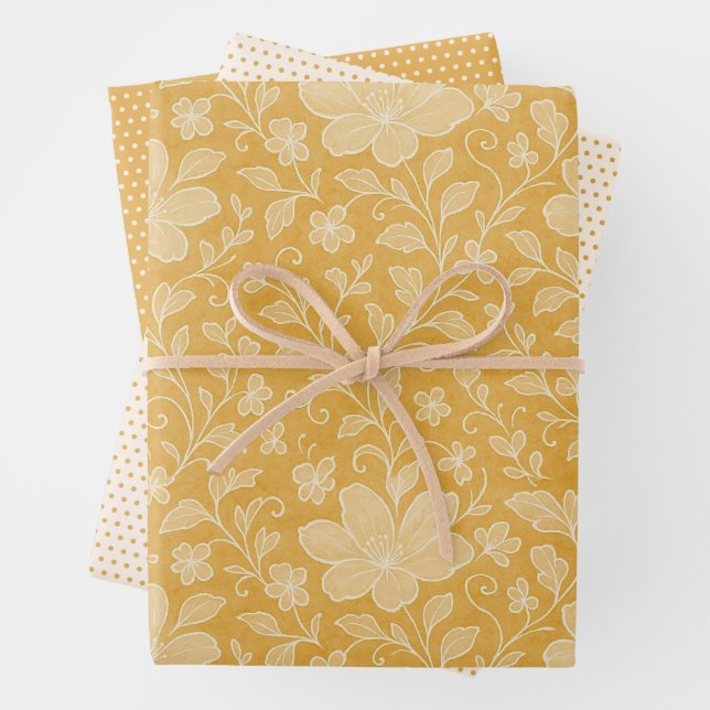 Classy Leaves Floral Art Pattern On Ochre Yellow Wrapping Paper Sheet (In situ)