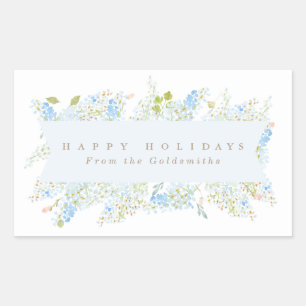 Classy Light Blue Floral Happy Holidays Custom Rectangular Sticker