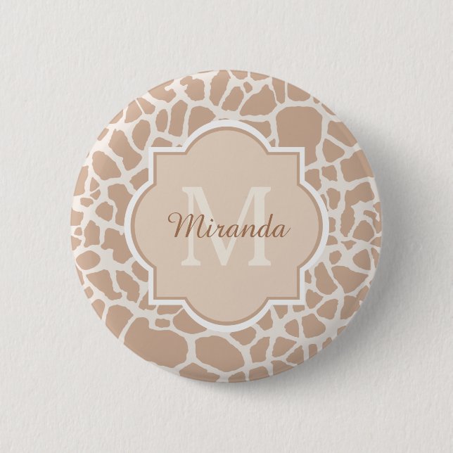 Classy Light Brown Giraffe Print Monogram and Name 6 Cm Round Badge (Front)