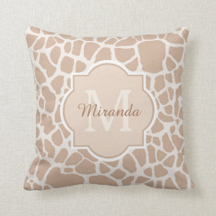Classy Light Brown Giraffe Print Monogram and Name Cushion