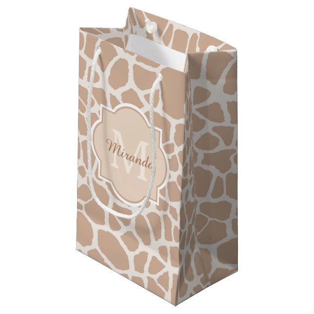 Classy Light Brown Giraffe Print Monogram and Name Small Gift Bag (Front Angled)