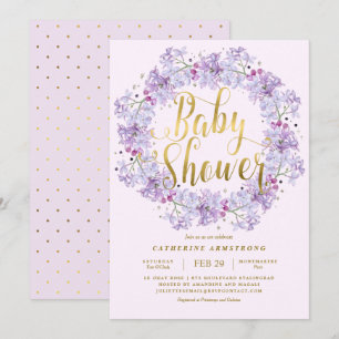Classy Light Purple Gold Floral Wreath Baby Shower Invitation