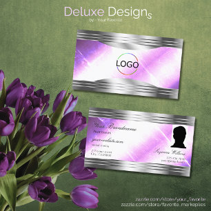 Classy Lilac Silver Shimmer Borders Logo and Photo Business Card