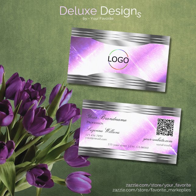 Classy Lilac Silver Shimmer Borders Logo QR Code Business Card (Creator Uploaded)