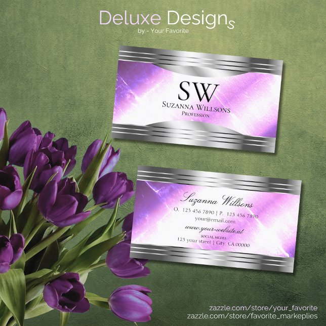 Classy Lilac Silver Shimmer Borders with Monogram Business Card (Creator Uploaded)
