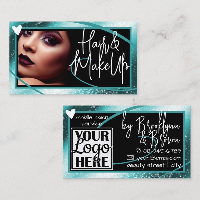 Classy Logo Photo Stylish Teal Frame Heart Luxe Business Card (Front/Back)