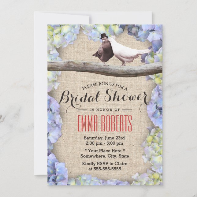 Classy Love Birds Hydrangea Flowers Bridal Shower Invitation (Front)