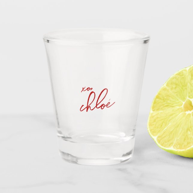 Classy Love “Your Name” Red Typography Shot Glass (Front)