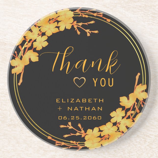 Classy Luxury Black Gold Floral Wedding Thank You Coaster (Front)