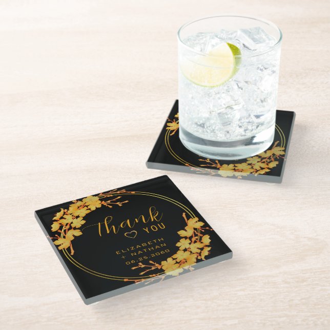 Classy Luxury Black Gold Floral Wedding Thank You Glass Coaster (Angled)