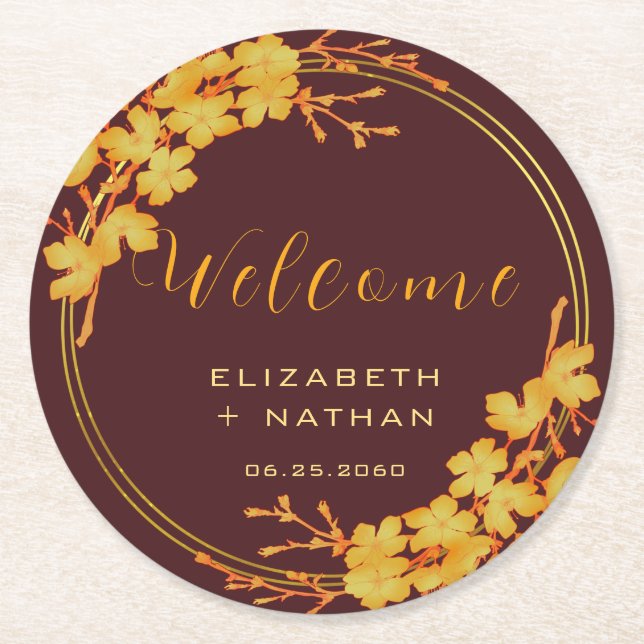 Classy Luxury Burgundy Gold Floral Wedding Welcome Round Paper Coaster (Front)