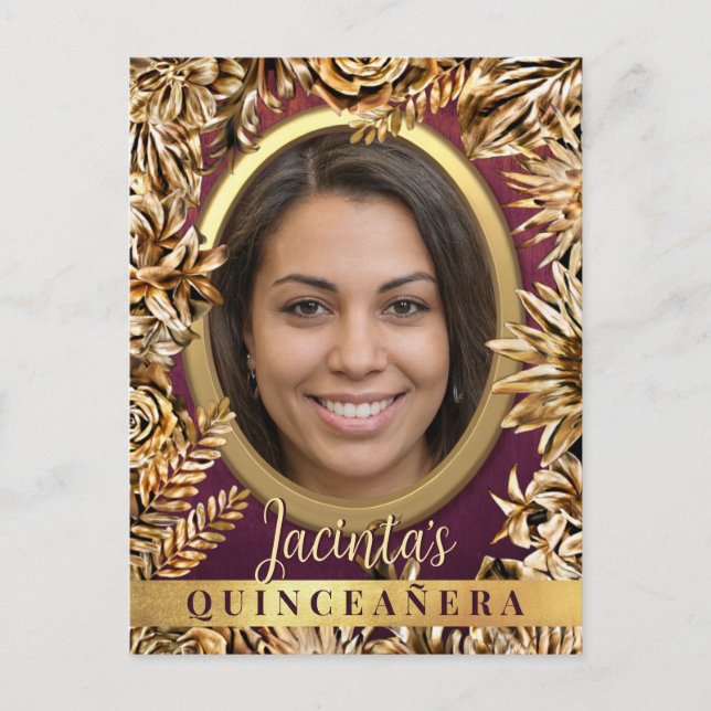 Classy Luxury Gold Floral Custom Photo Quinceañera Invitation Postcard (Front)