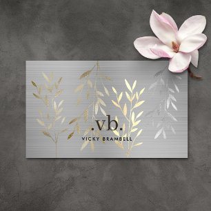 Classy Luxury Gold & Silver Leaves Monogram Salon Business Card