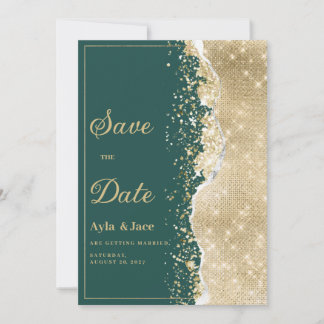 Classy luxury green gold glitter Save the Date  Invitation