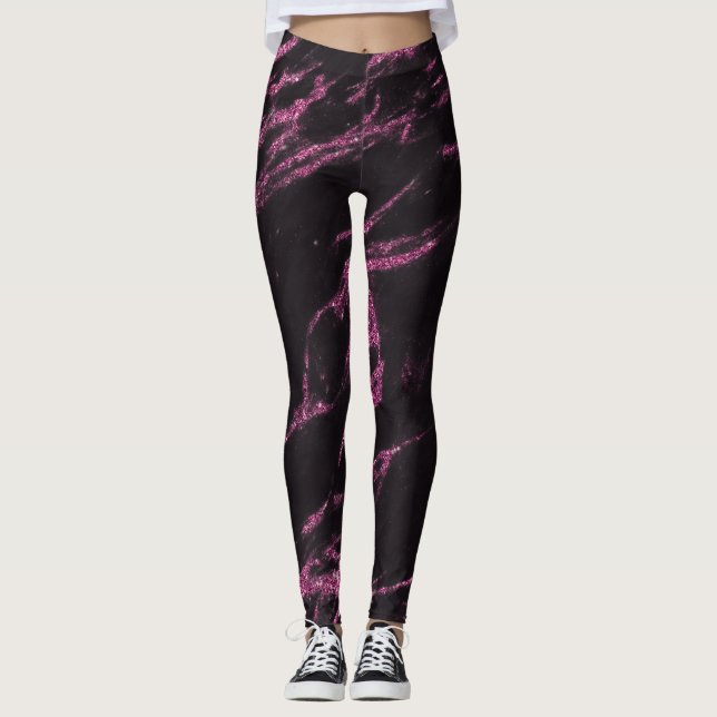 Classy Magenta Pink Black Marble Pattern Leggings (Front)