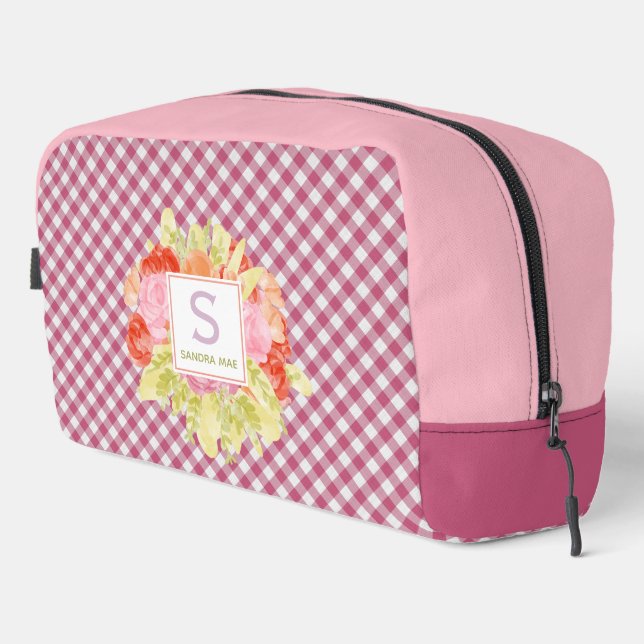 Classy Magenta Red Pink Gingham Check Pattern Dopp Kit (Right Corner)