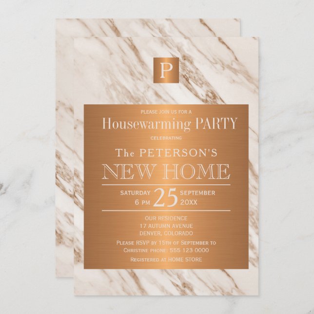 Classy marble copper monogram housewarming party invitation (Front/Back)