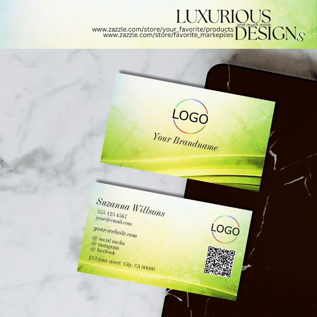 Classy Marble Green Curved Decor with Logo QR Code Business Card (Creator Uploaded)