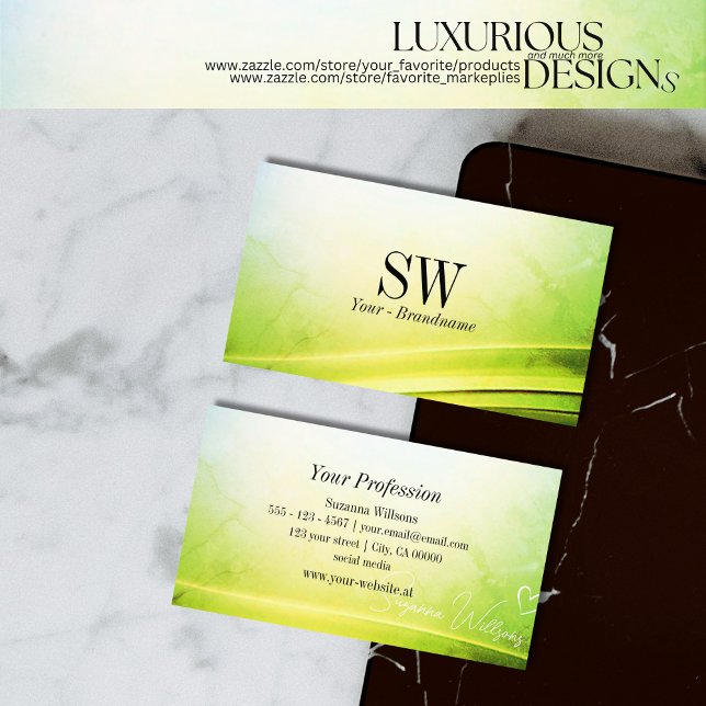 Classy Marble Green Curved Decor with Monogram Business Card (Creator Uploaded)