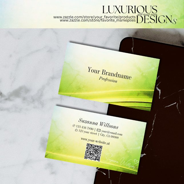Classy Marble Green Curved Decor with QR Code Business Card (Creator Uploaded)