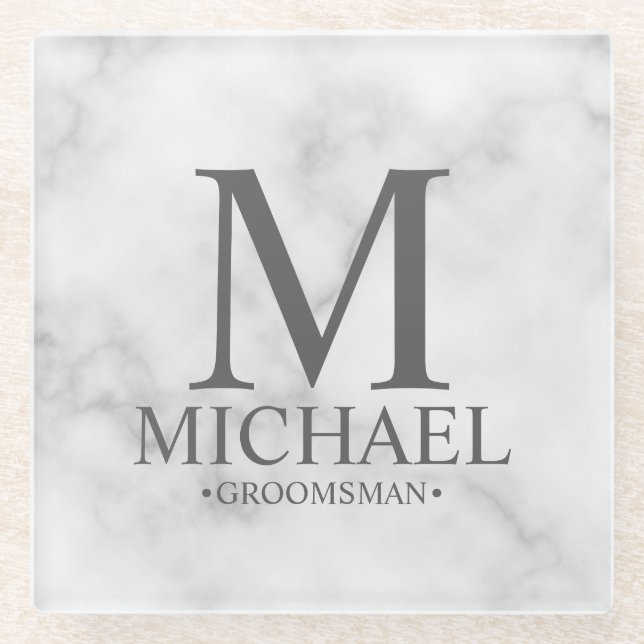 Classy Marble Monogram and Name Groomsman Glass Coaster (Front)