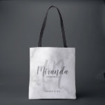 Classy Marble Script Personalised Bridesmaids Tote Bag<br><div class="desc">Add a personal touch to your wedding with personalised bridesmaids gift tote bag. This tote bag features personalised bridesmaid's name in grey modern script font style and monogram in light grey modern script font style as background with title and wedding date in grey modern sans serif font style on white...</div>