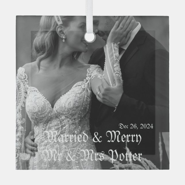 Classy Married& Merry Glass Ornament for Christmas (Front)