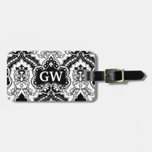 Classy Masculine Black White Damask Monogram Luggage Tag