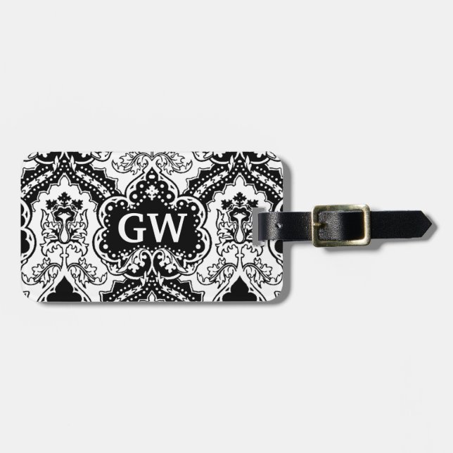 Classy Masculine Black White Damask Monogram Luggage Tag (Front Horizontal)