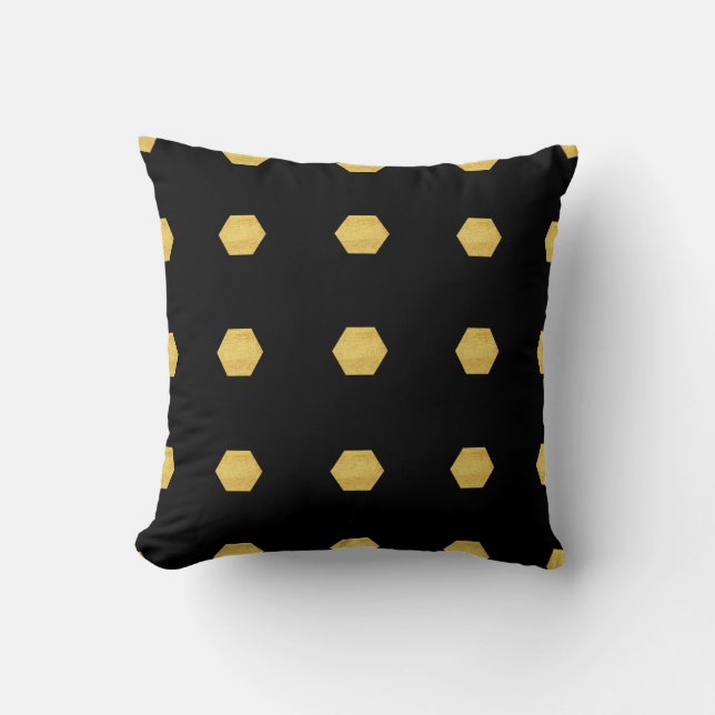 Classy Matte Gold Hexagons Pattern on Black Cushion (Front)