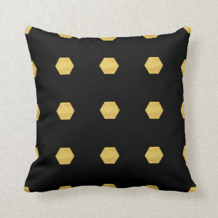 Classy Matte Gold Hexagons Pattern on Black Cushion