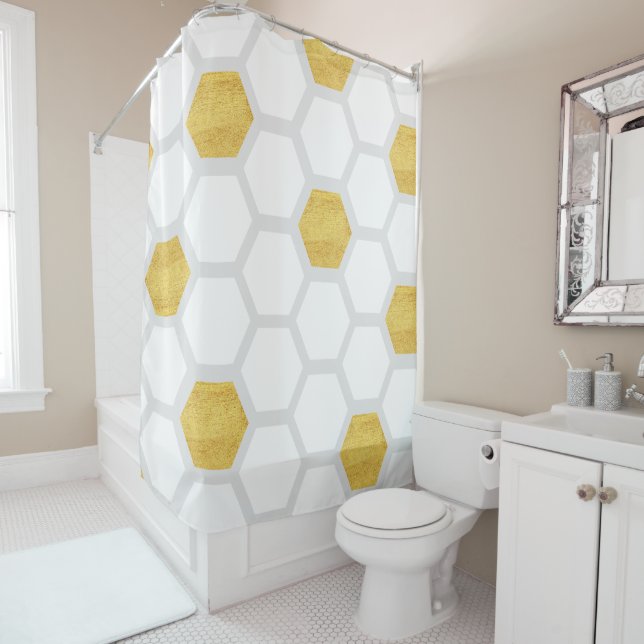 Classy Matte Gold & White Hexagons Modern Shower Curtain (In Situ)