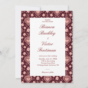 Classy Maximalist Victorian Heart Wine Red Wedding Invitation