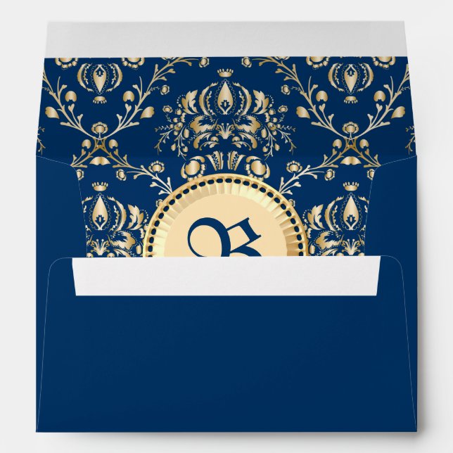 Classy Mediaeval Monogram Gold Midnight Blue Envelope (Back (Bottom))