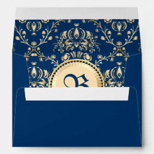 Classy Mediaeval Monogram Gold Midnight Blue Envelope