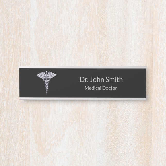 Classy Medical Caduceus on Black Silver Door Sign (Front)