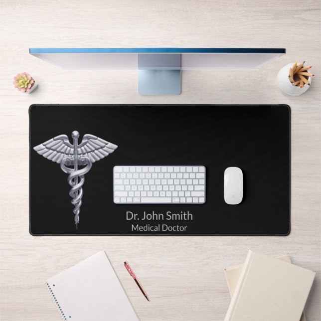 Classy Medical Caduceus Silver on Black Desk Mat (Office 1)