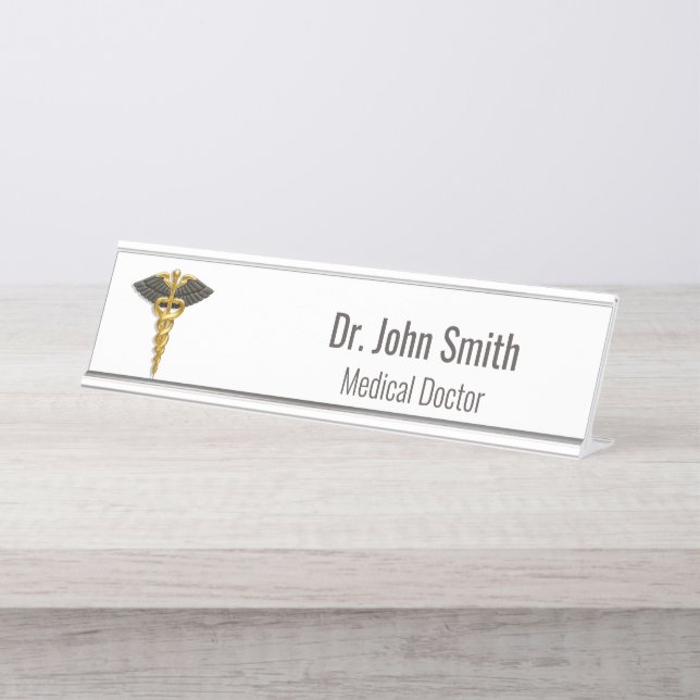 Classy Medical Elegant Gold Caduceus Black Wings Desk Name Plate (Front)