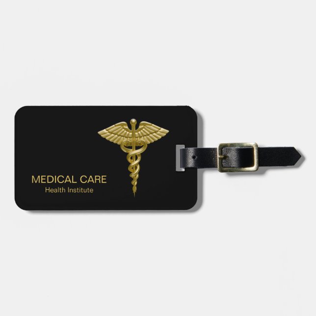 Classy Medical Gold Caduceus on Black Luggage Tag (Front Horizontal)